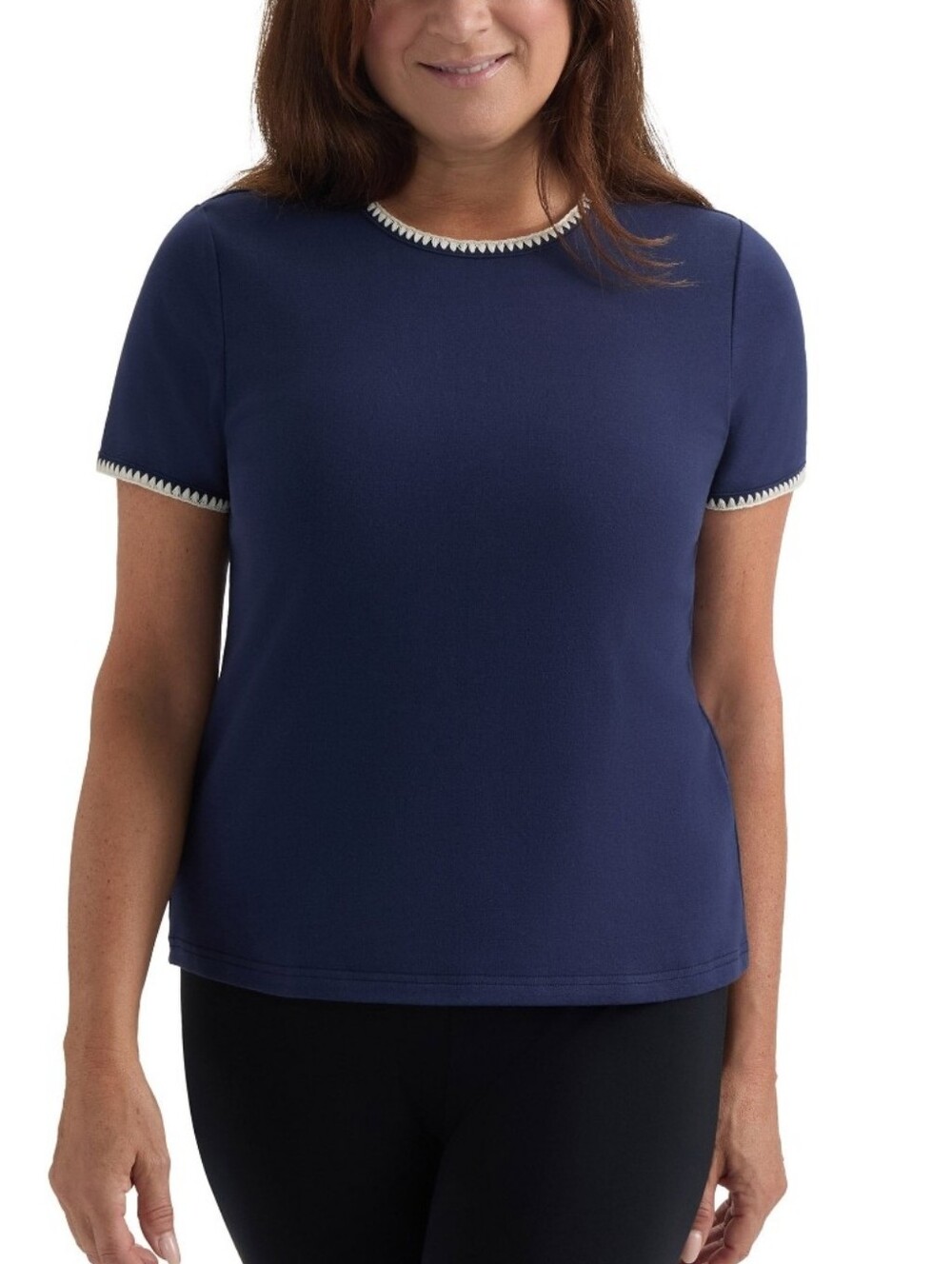 Women's Short Sleeve Top With Whipstitch Trim - Teddi Rose - Blue - M